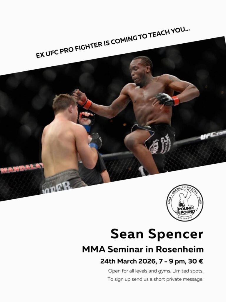 Eventgrafik zum Sean Spencer MMA Seminar bei Pound for Pound Rosenheim am 24. März 2026 mit Ex-UFC-Profi und Kampfszene im Oktagon